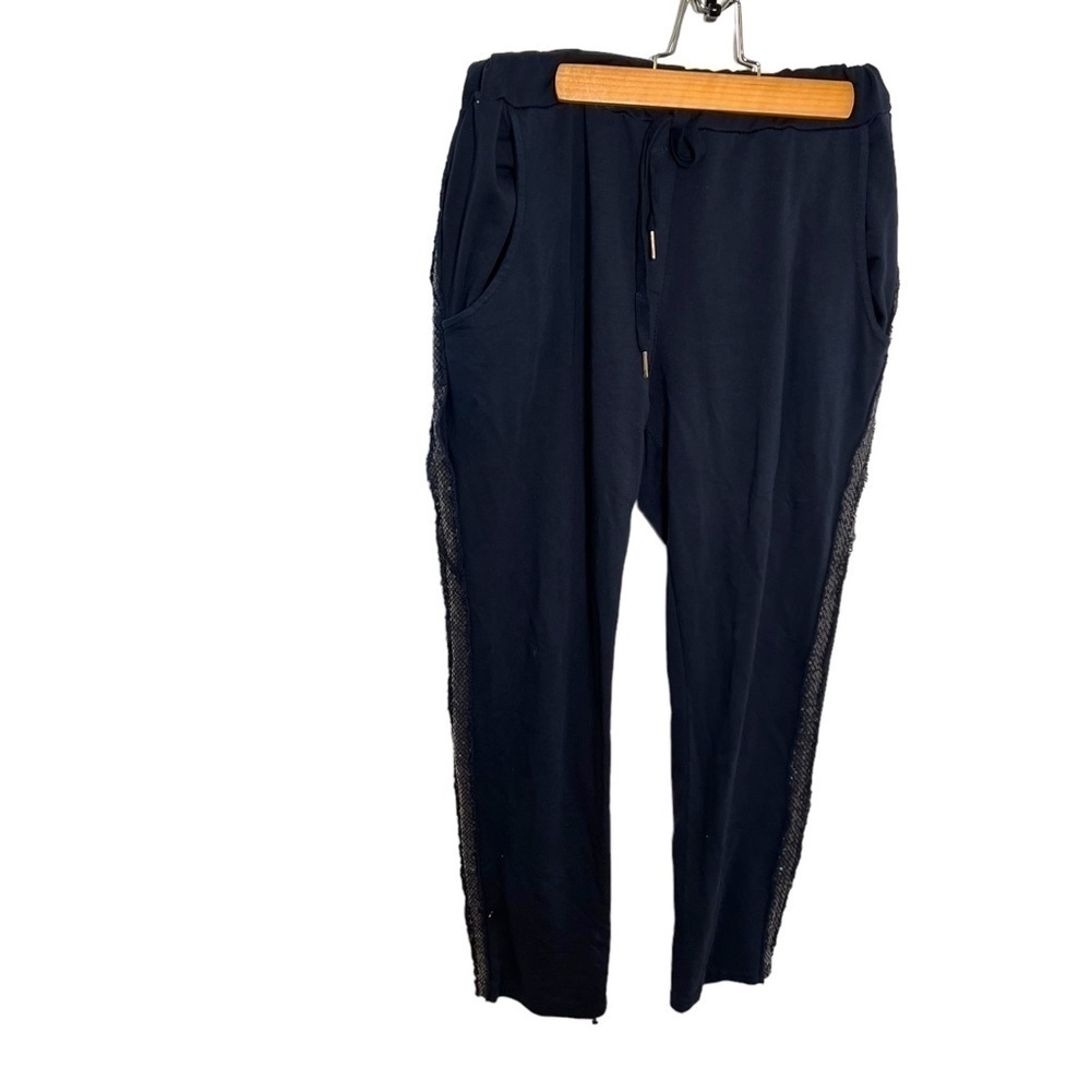 Women's Sweatpants Navy Blue Royal Sequin Side Stripes Pockets Drawstring Italy
